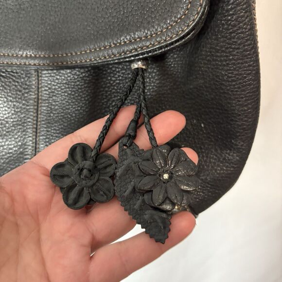 Brighton Bag Black Pebbled Leather Shoulder Foldover Purse Magnetic Boho Stitch - Picture 2 of 9